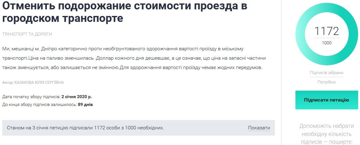 Петиция об отмене подорожания проезда набрала 1 000 голосов. Новости Днепра