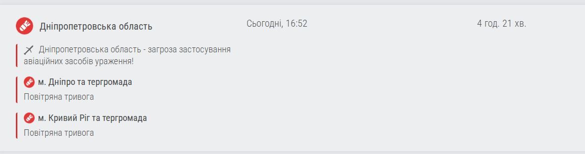 Продолжительность тревоги в Днепре. Скриншот с сайта alerts.in.ua