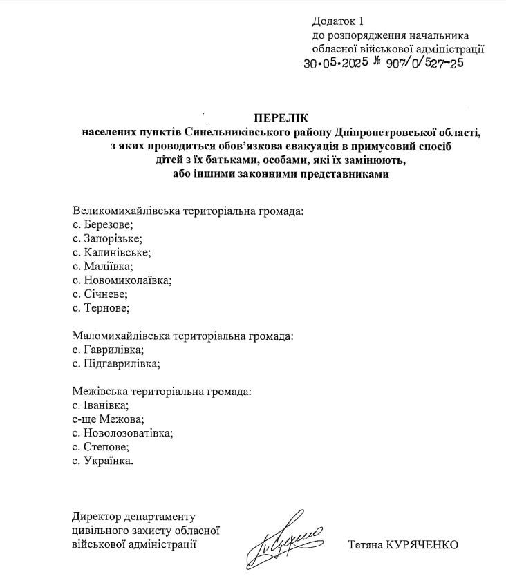 Список общин для эвакуации населения Днепропетровской области Принудительная эвакуация в Днепропетровской области