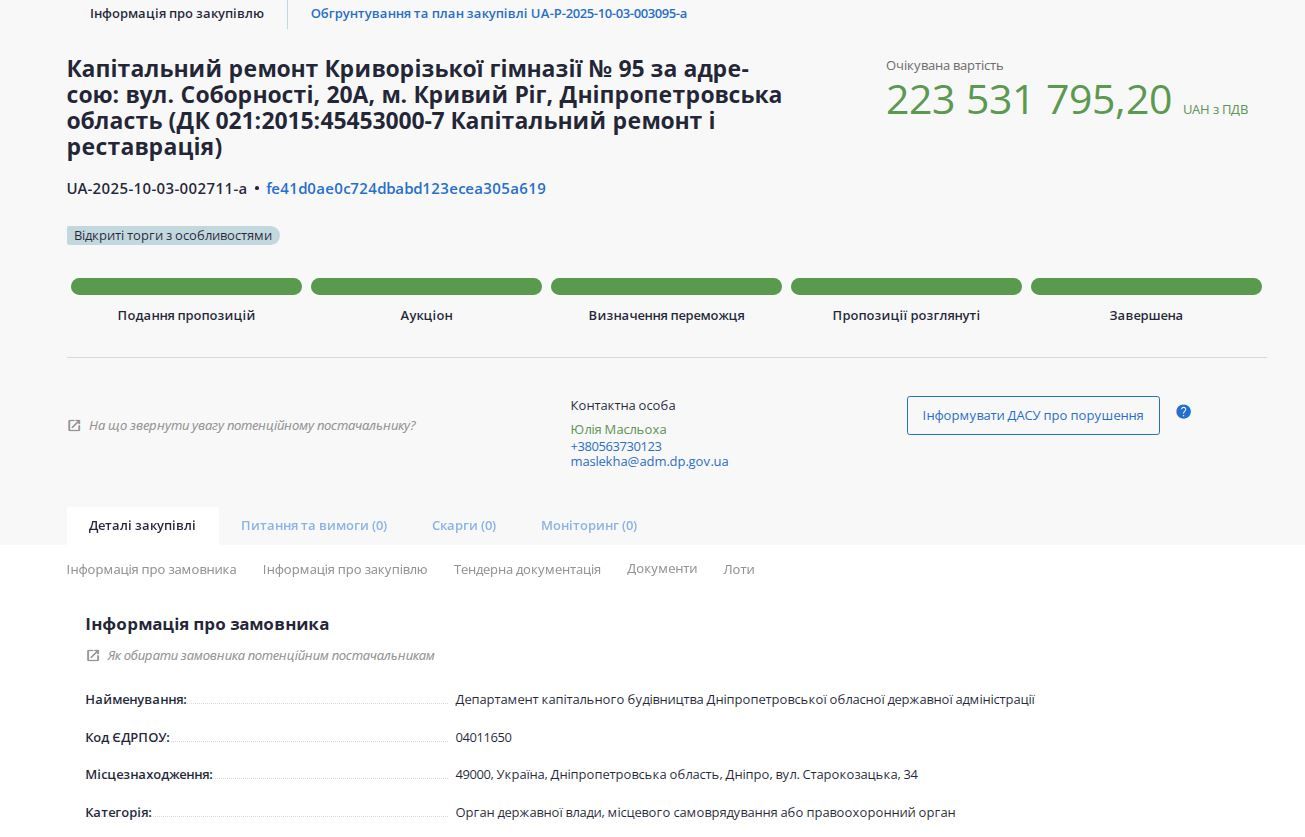 Информация о тендере