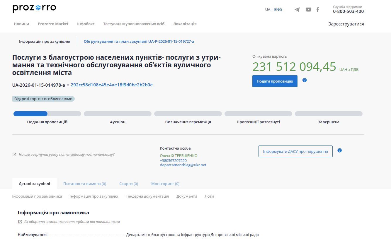 Информация о тендере