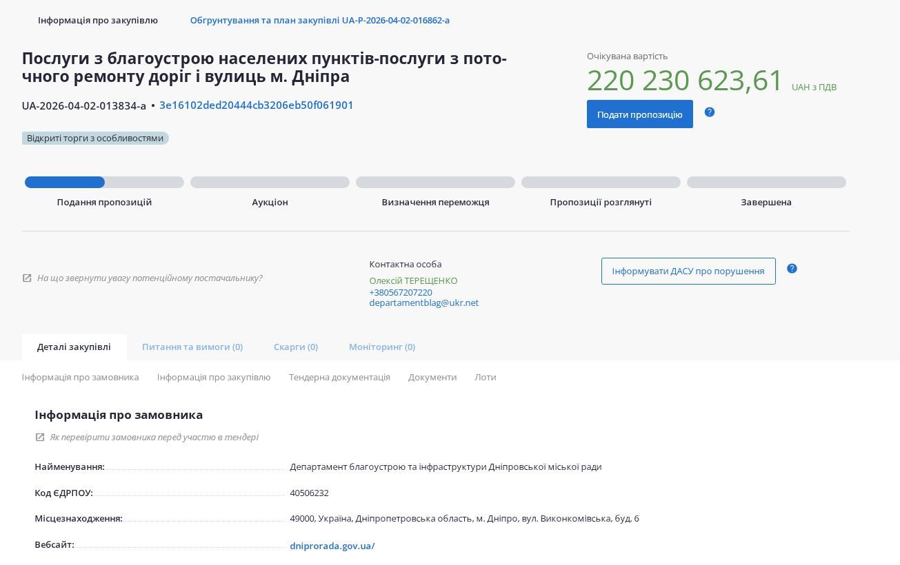 Інформація про тендер