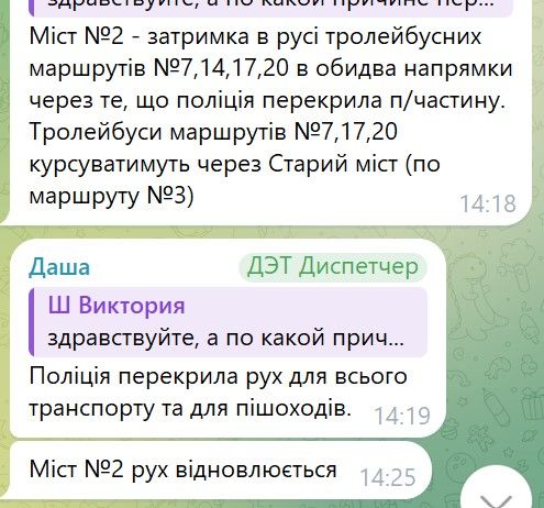Повідомлення у чаті Департаменту транспорту
