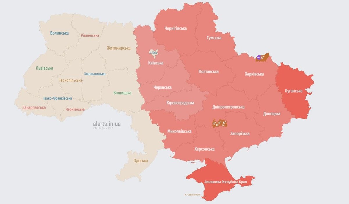 Карта воздушных тревог от 19 ноября 2024 года