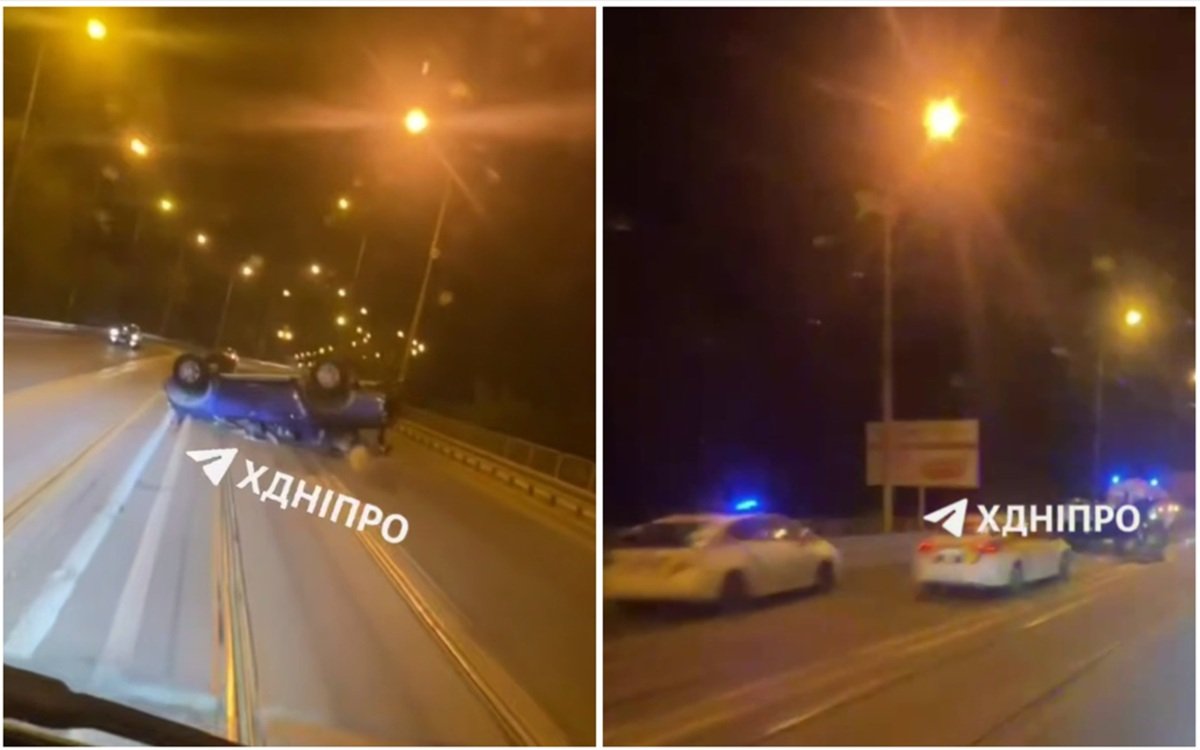 Аварія на Старому мосту в Дніпрі 3 травня 2025 року – легковик перекинувся.