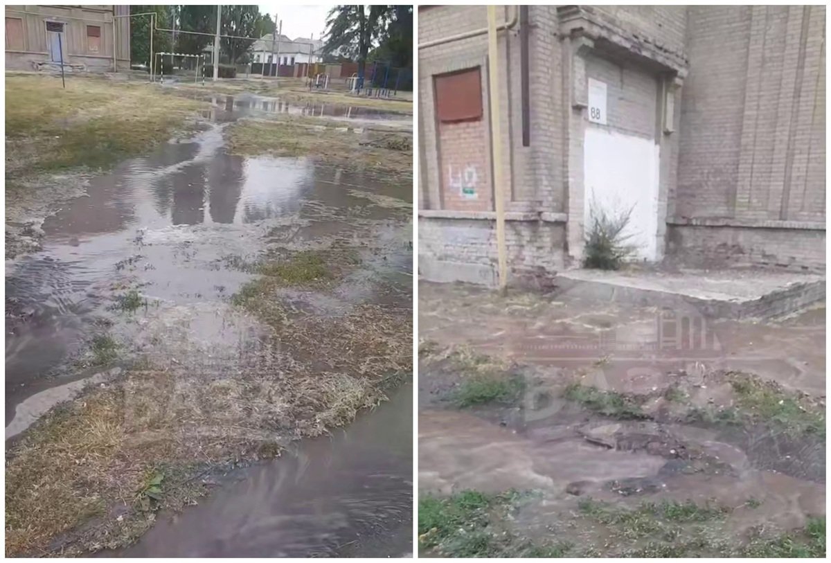 Потоп Прорыв водопровода возле школы №42 в Днепре — затоплены дворы и дворы.