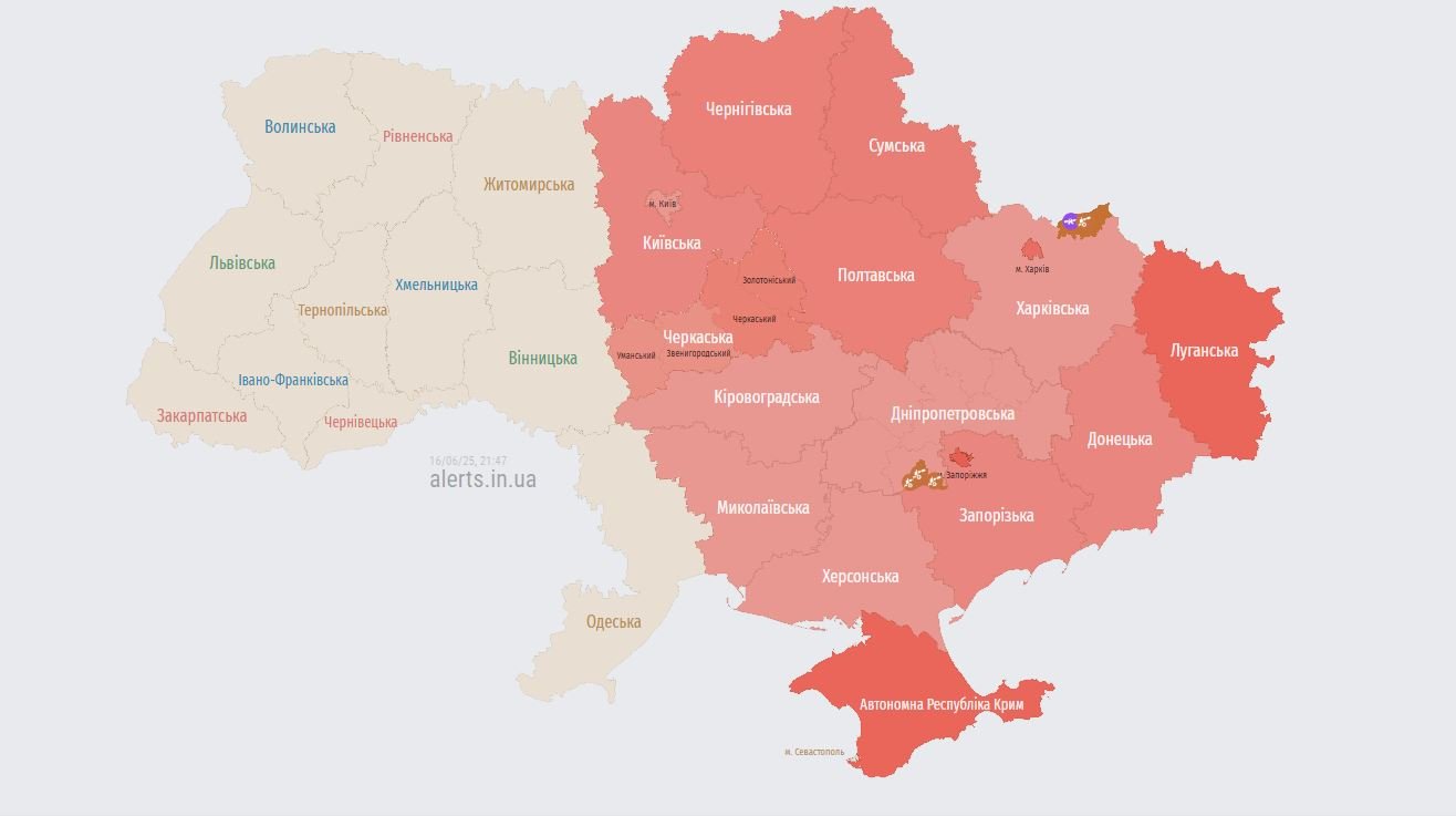 Карта повітряних тривог за 16 червня 2025 року