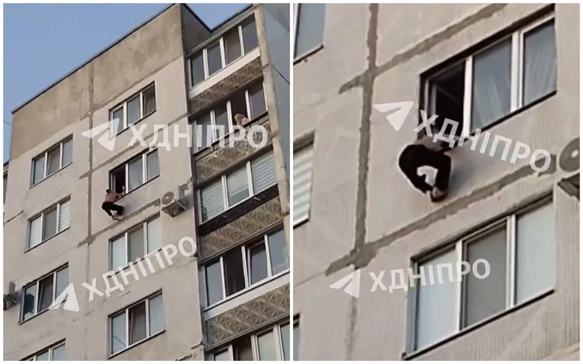 Будинок Чоловік висить за вікном багатоповерхівки у Дніпрі без страховки