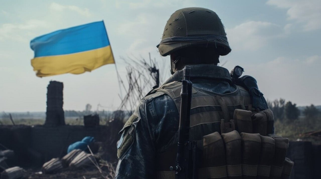 Військовий поруч з прапором України