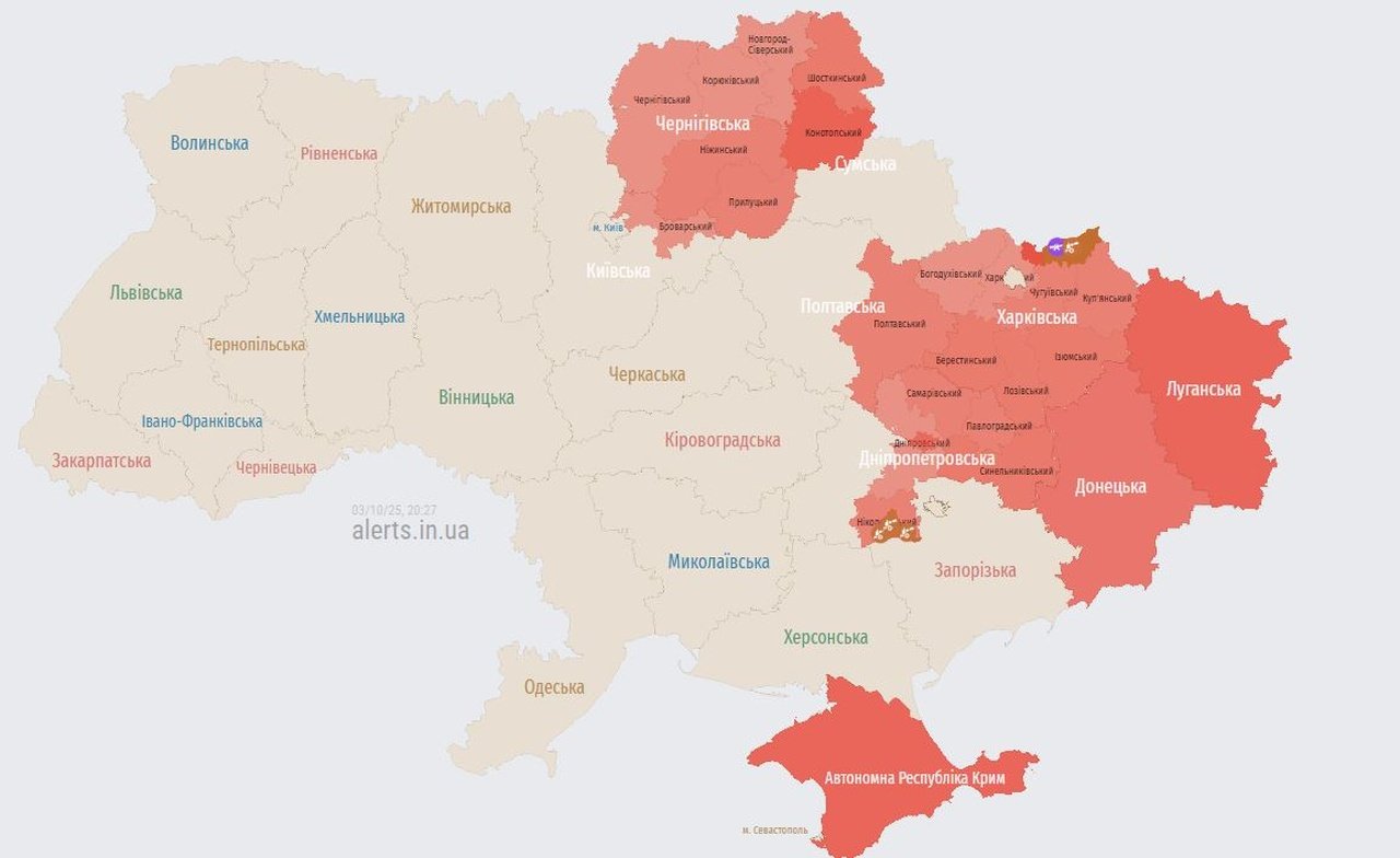 Карта тревог вечером 3 октября