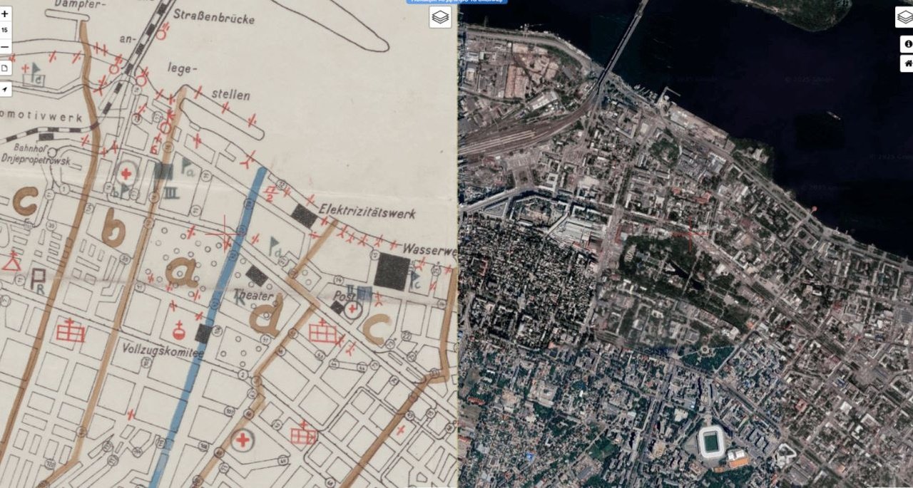 Мапа Дніпропетровська 1942 року та Дніпра 2025 року