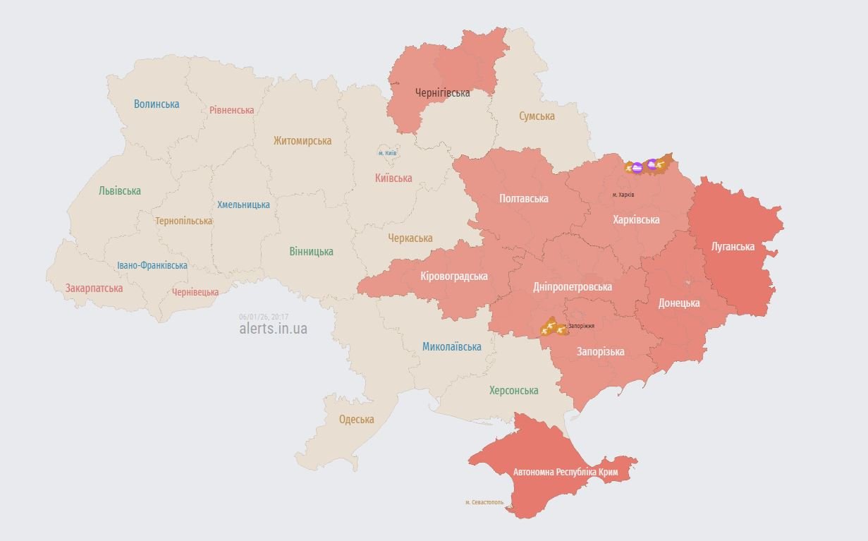 Карта повітряних тривог ввечері 6 січня