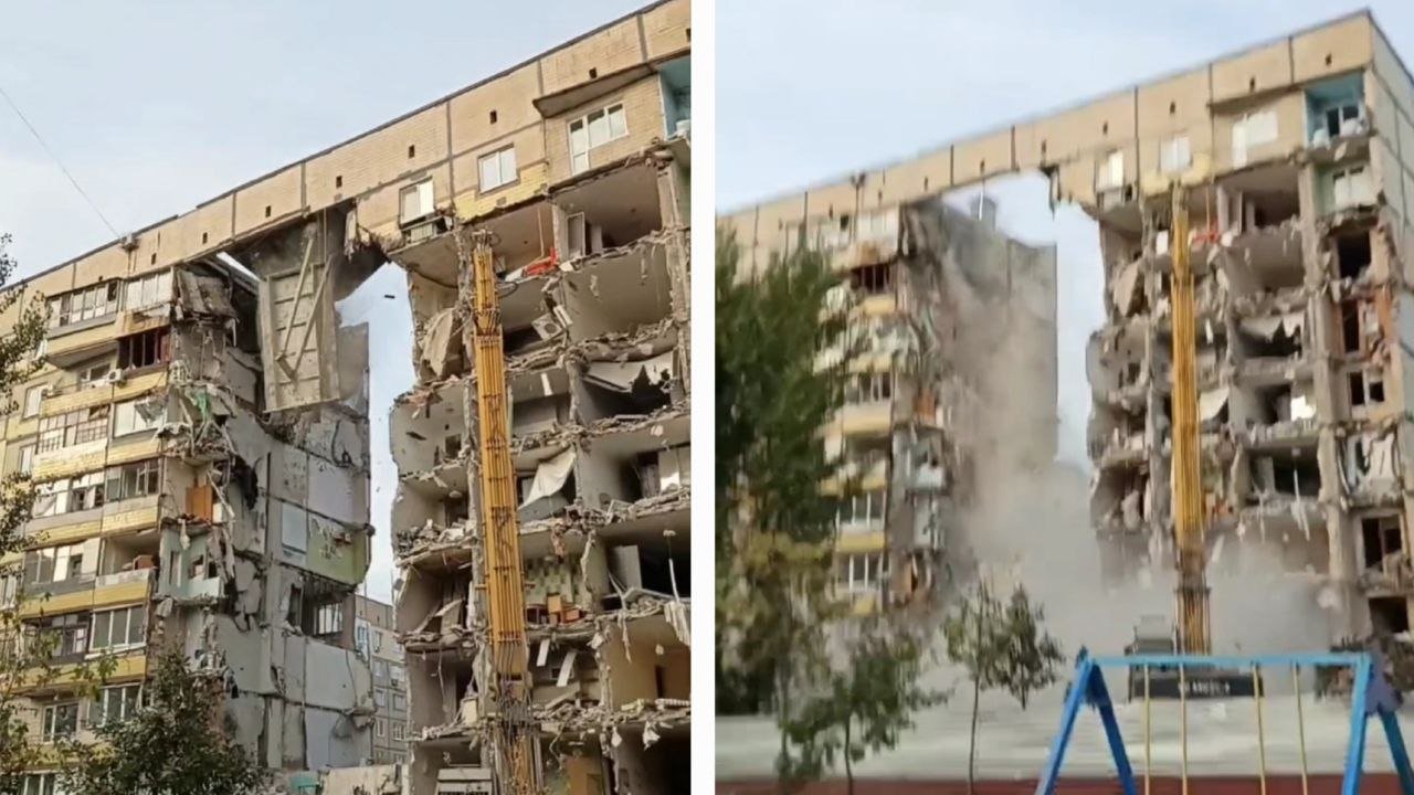 У будинку на Перемозі в Дніпрі, який демонтують після атаки, обвалилася частина даху (відео)